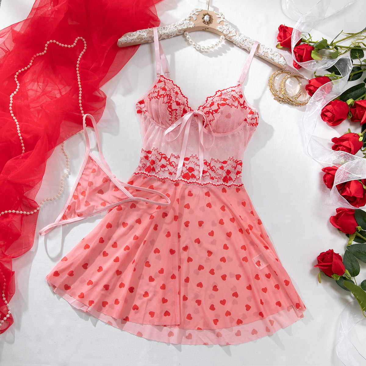 Heart‑Motif Lace‑Panel Sheer Mesh Babydoll