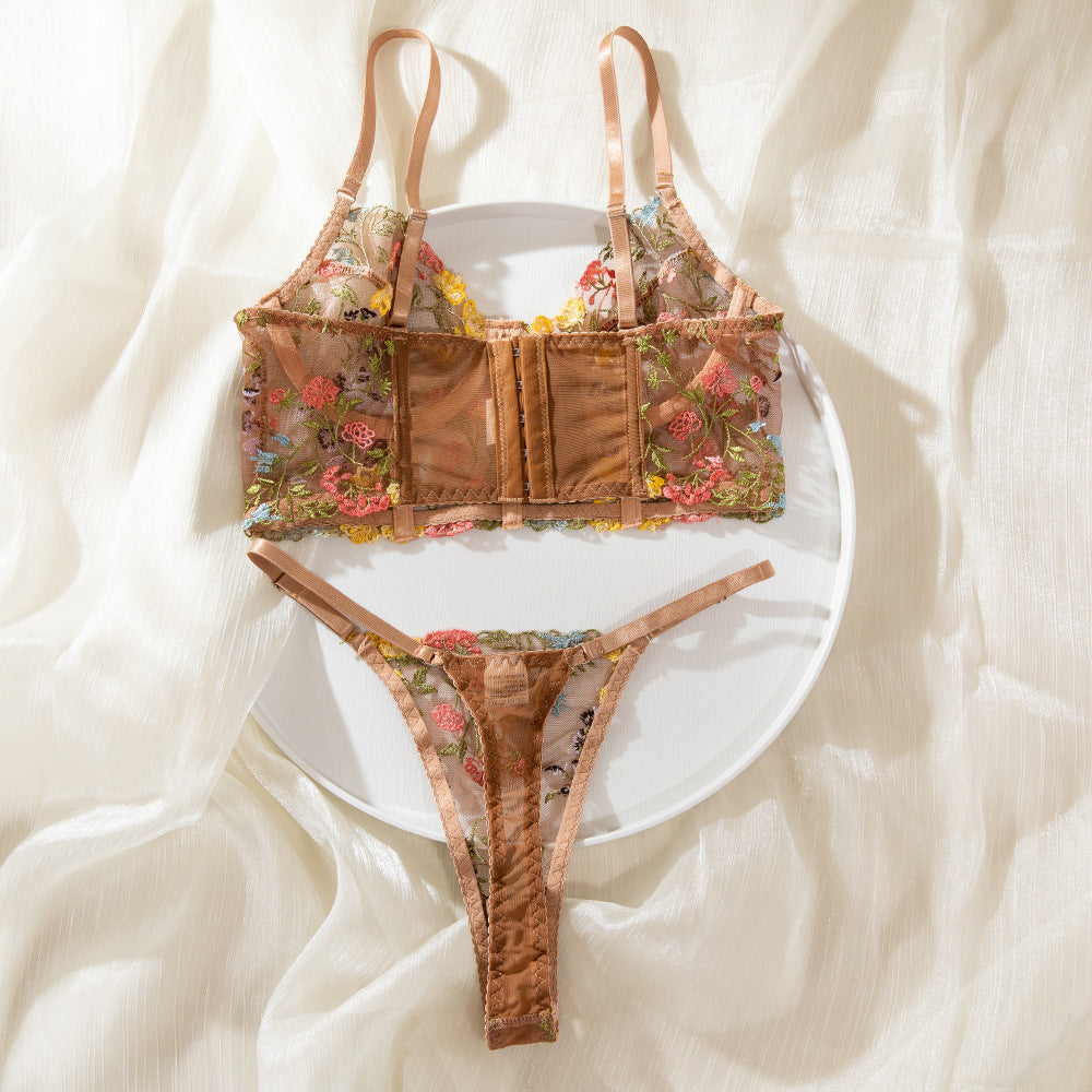 Sheer Mesh Floral Embroidery Lingerie Set