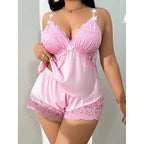 Plus Size Lace Trim Cami Top & Shorts Lingerie Set