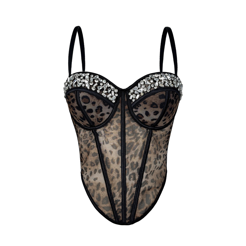 Leopard Print Sheer Mesh Corset Bustier