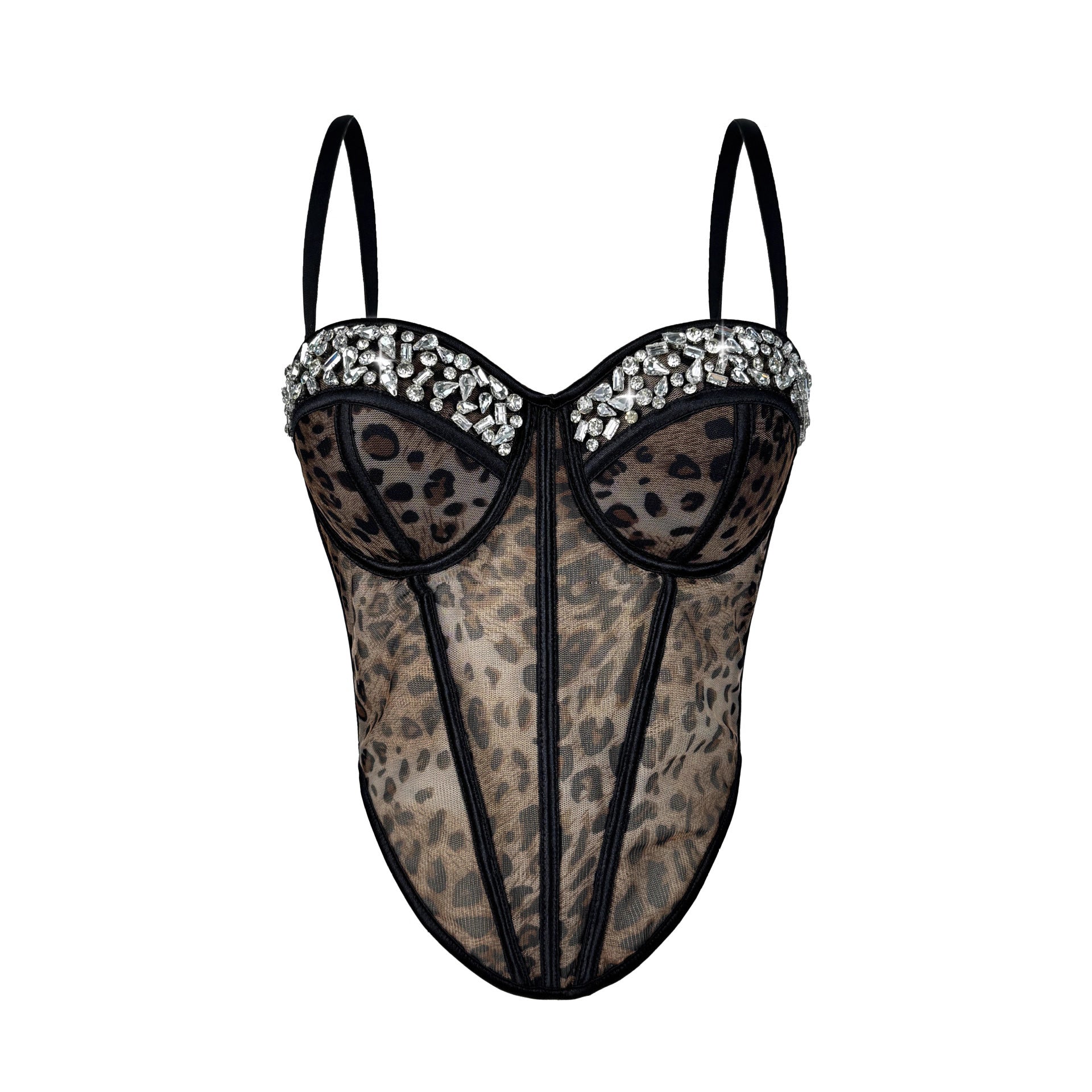 Leopard Print Sheer Mesh Corset Bustier