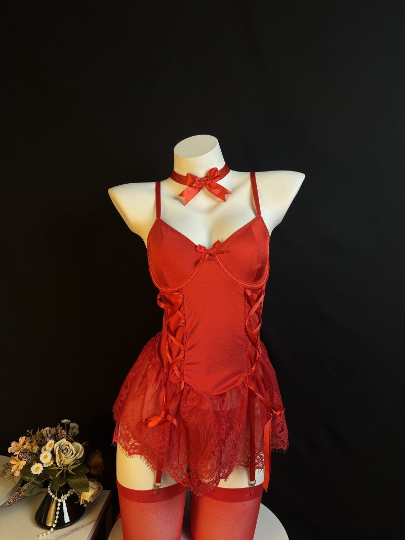 Bow Accent Ruffle Lace Lingerie Dress