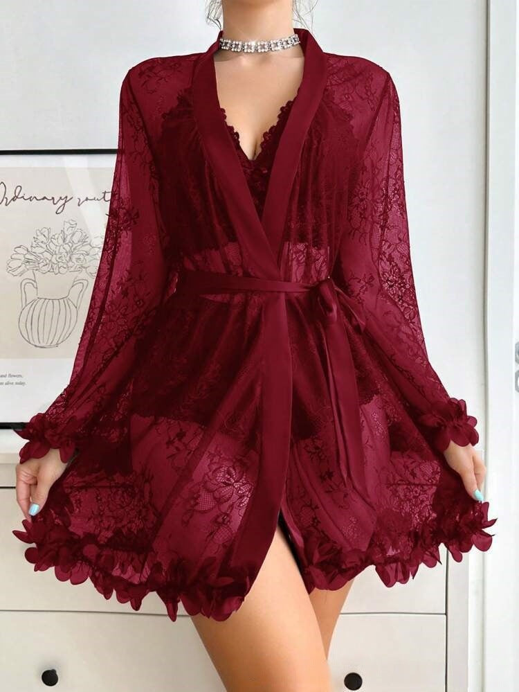 Floral Lace Sheer Robe & Lingerie Set with Satin Trim