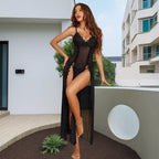 Women's Leopard Lingerie Lace Babydoll Chemise High Slit Mesh Slip Nightgown Thong