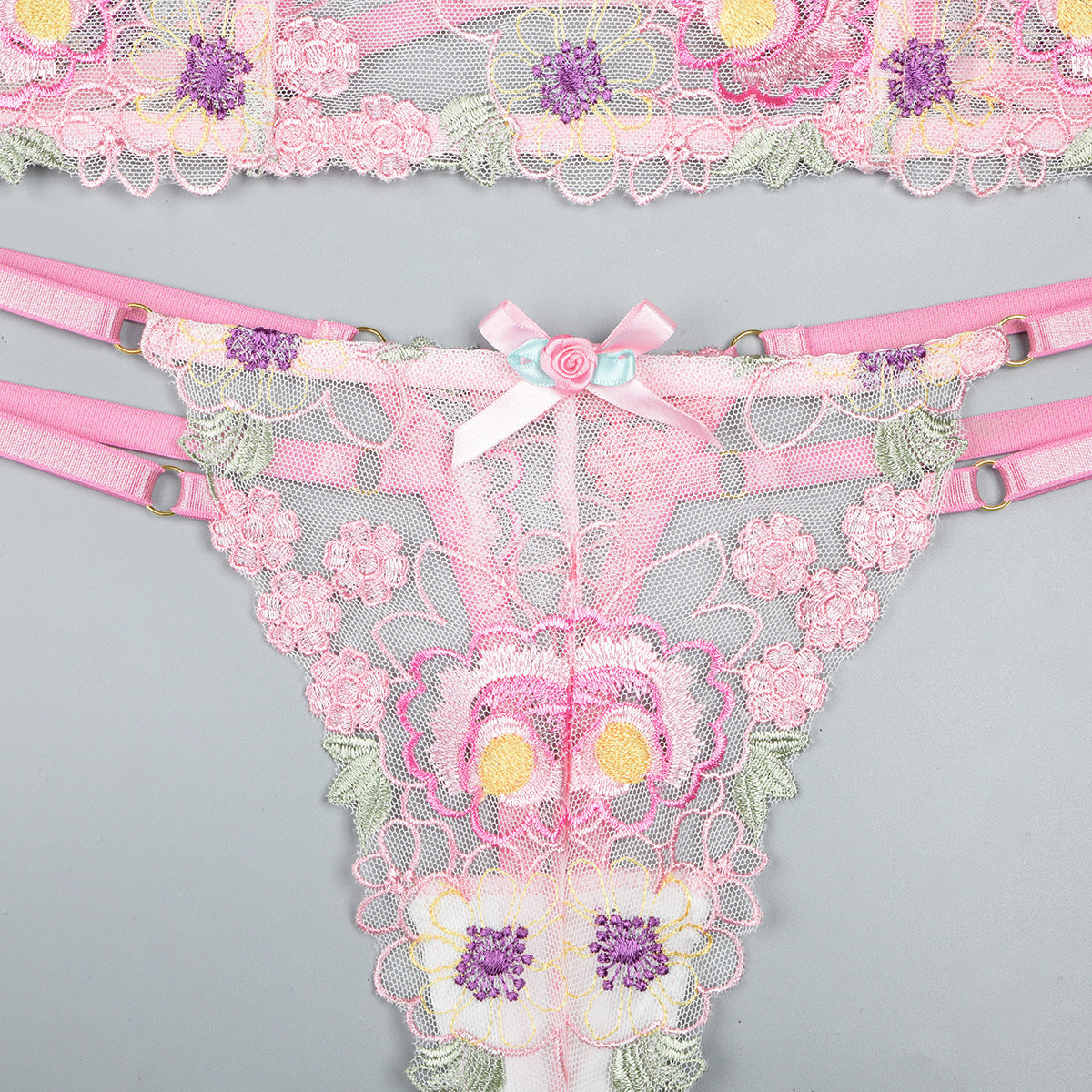 Floral‑Applique Lace  Back Intimate Lingerie Set