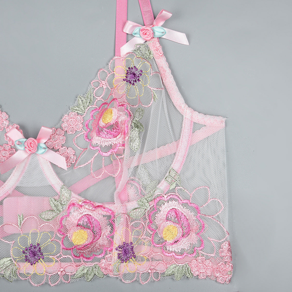 Floral‑Applique Lace  Back Intimate Lingerie Set