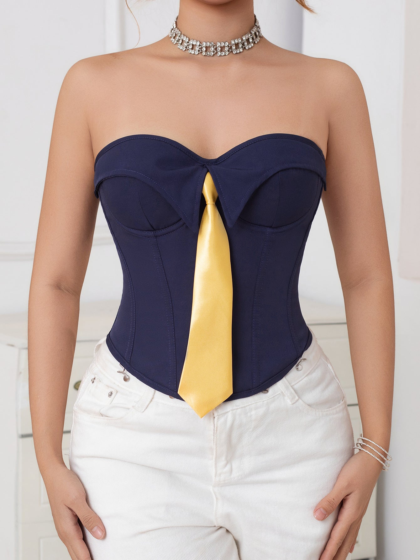 Strapless Push-Up Corset Top with Tie Detail & Back Lace-Up