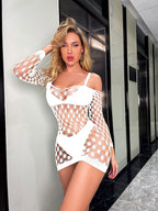 Off-Shoulder Large Diamond Fishnet Bodycon Mini Dress