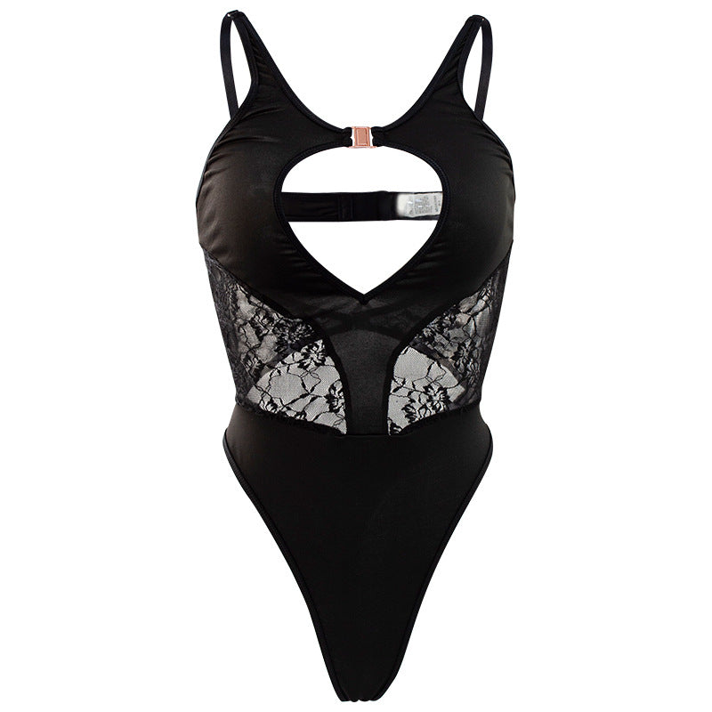 Seductive Cutout Front Lace Panel Backless Bodysuit Lingerie