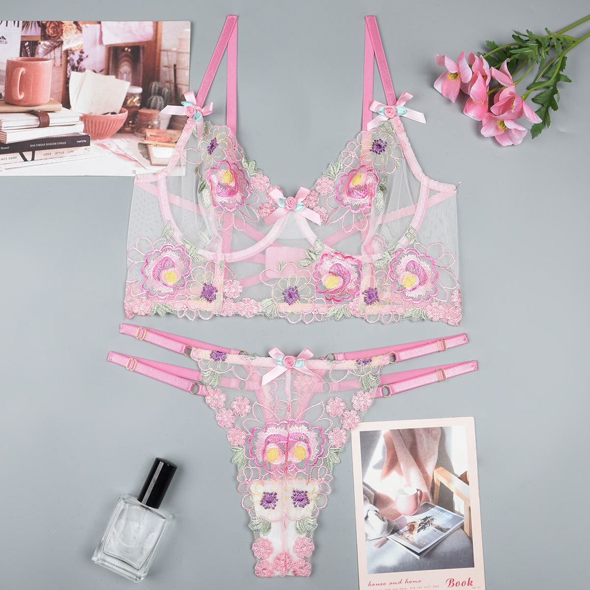 Floral‑Applique Lace  Back Intimate Lingerie Set