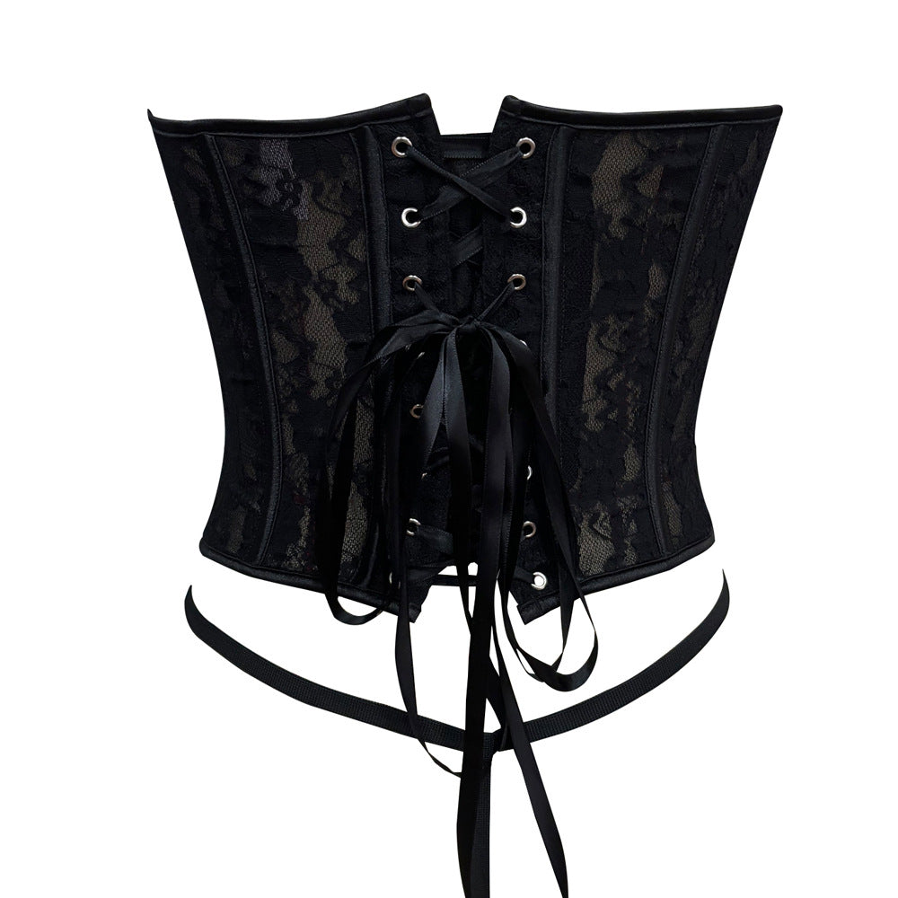 Sheer Lace Lingerie Corset Set with Adjustable Back Tie