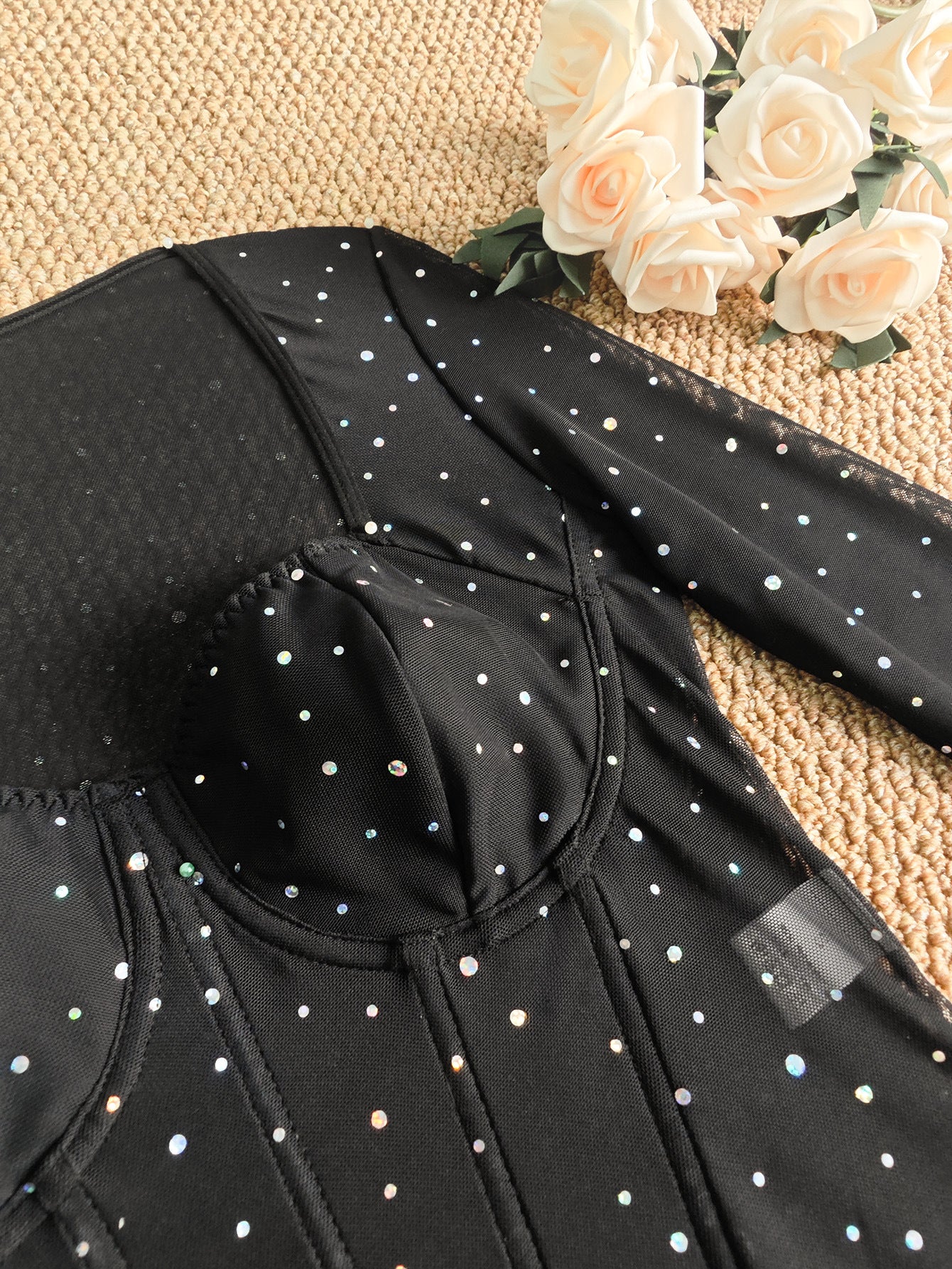 Rhinestone Sheer Mesh Corset Bodysuit with Square Neckline