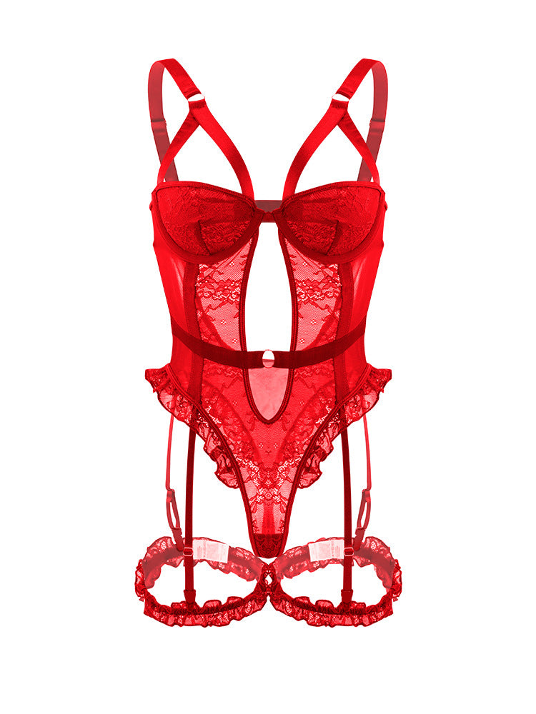 Seductive Hollow Floral Lace Mesh Teddy with Garter Straps