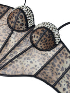 Leopard Print Mesh Corset Bustier with Rhinestone Trim