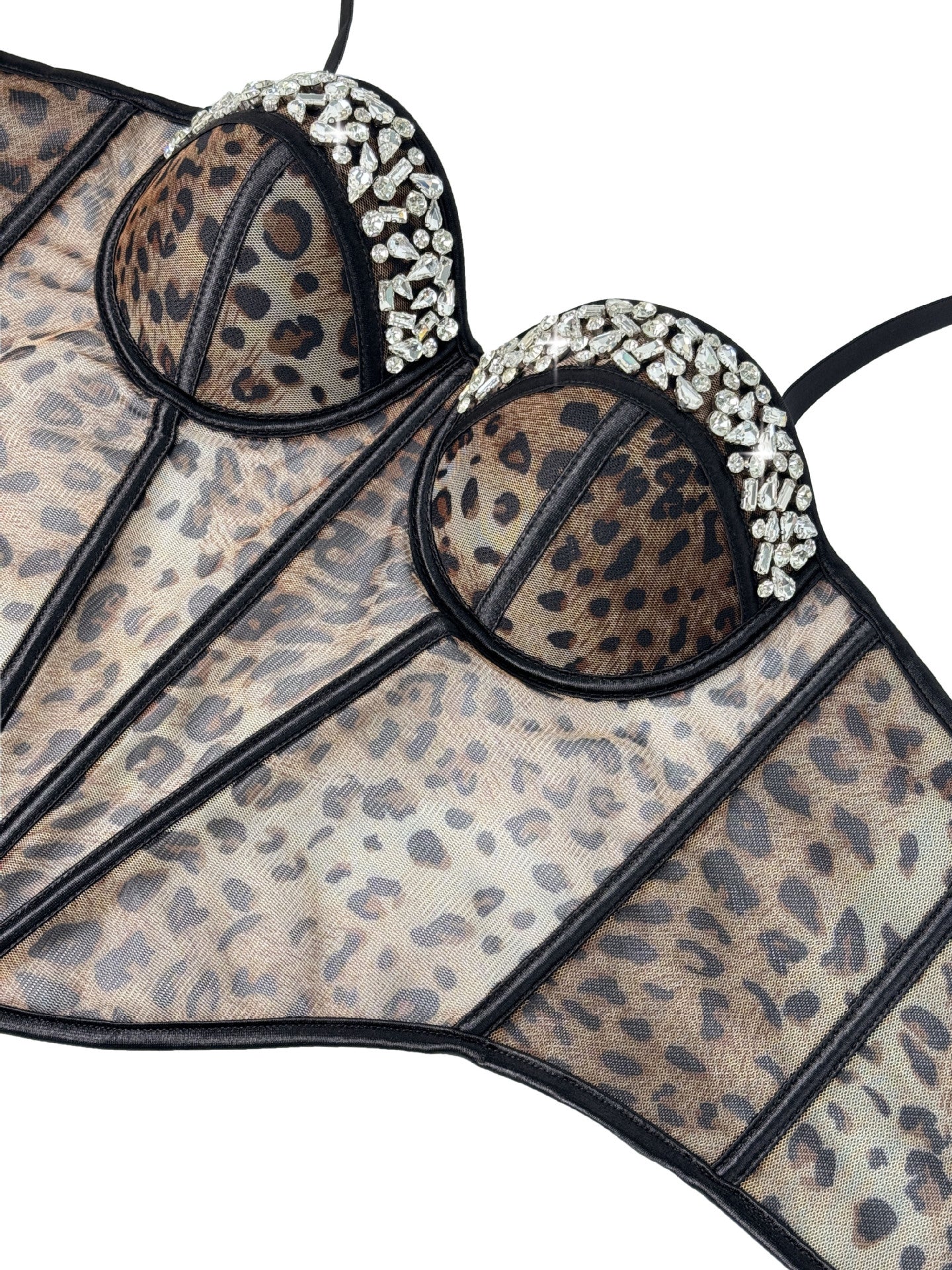 Leopard Print Mesh Corset Bustier with Rhinestone Trim