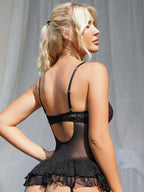 Sheer Mesh Lace Lingerie Babydoll with Underwire & Garter Straps