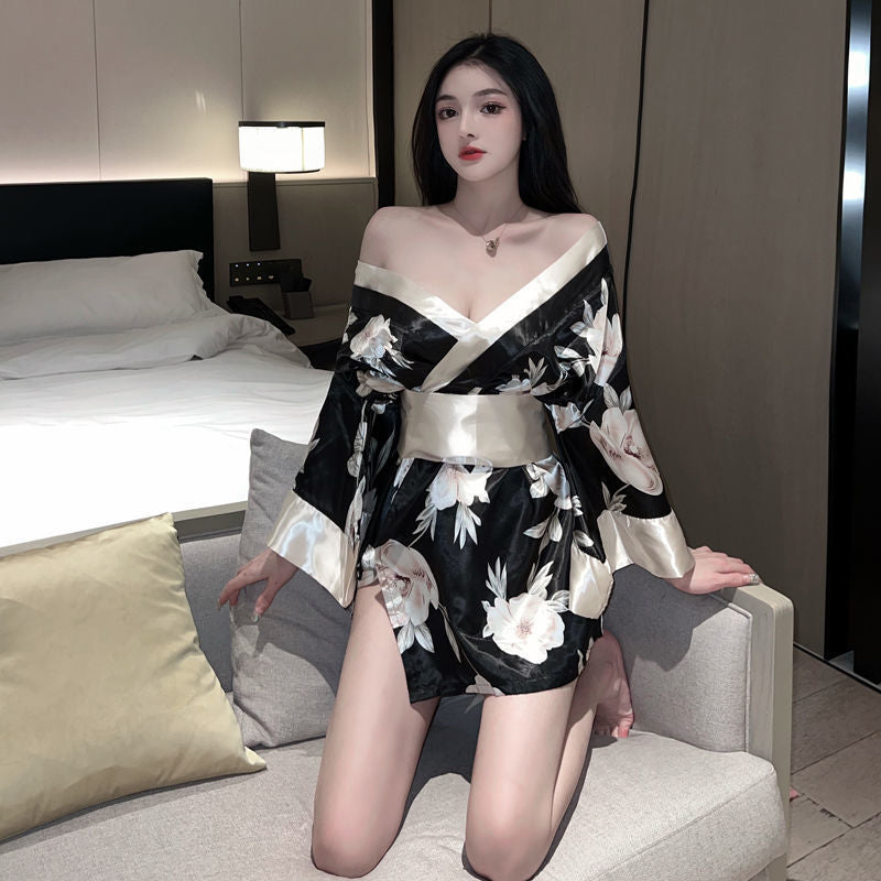 Shōwa Geisha Kimono Lingerie Robe, Sexy Deep V Cosplay Sleepwear