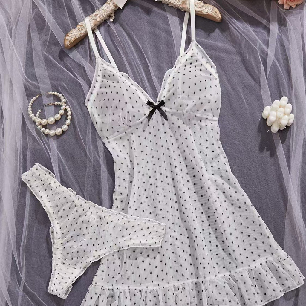 Polka Dot Sheer Mesh Ruffle Babydoll Lingerie Set