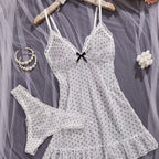 Polka Dot Sheer Mesh Ruffle Babydoll Lingerie Set