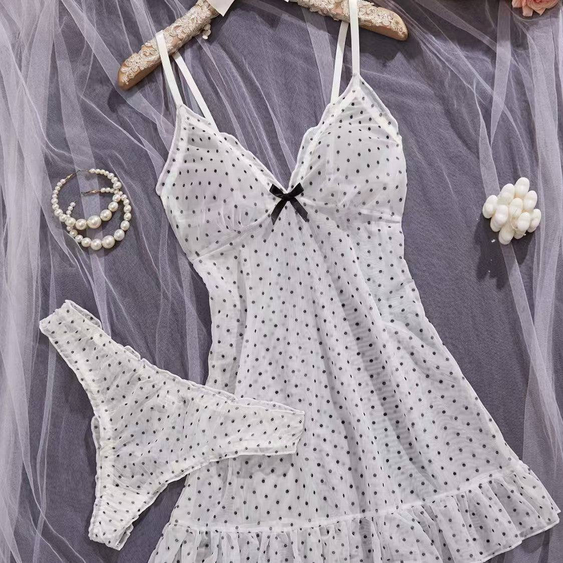 Polka Dot Sheer Mesh Ruffle Babydoll Lingerie Set