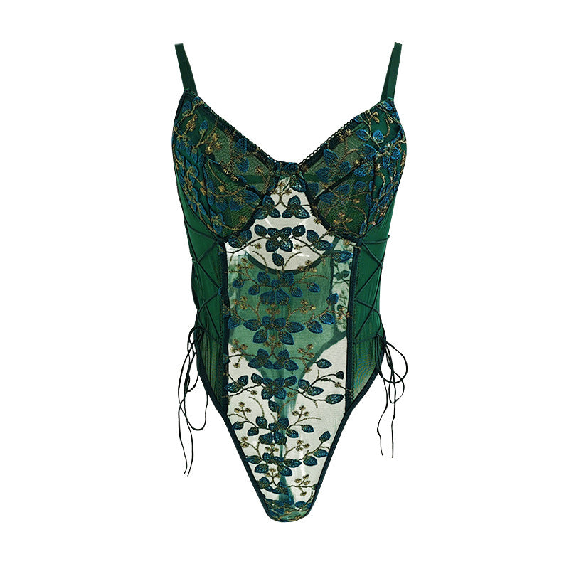 Floral Embroidered Sheer Mesh Bodysuit with Back Cutout