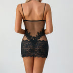 Floral Lace Sheer Mesh Backless Mini Babydoll Night Dress
