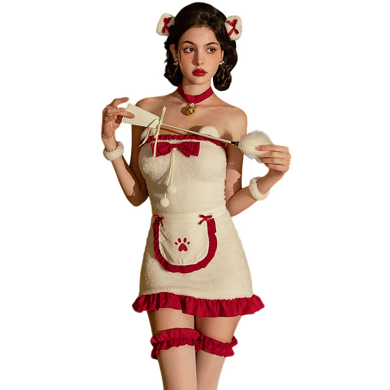 Cute Christmas Maid Cosplay Costume – Plush Strapless Bodycon Dress