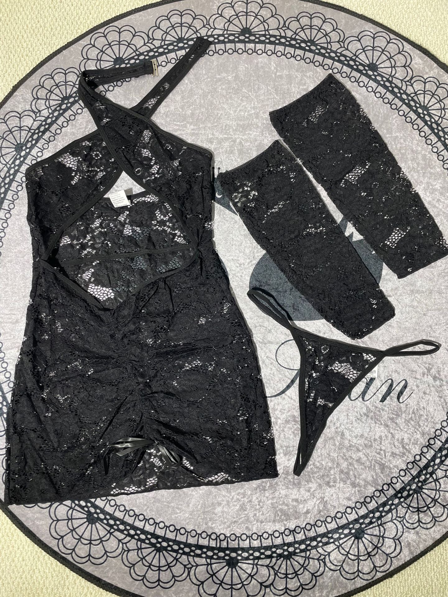 Floral Hollow Lace Sling Open Waist Romantic Erotic Sleepwear Set