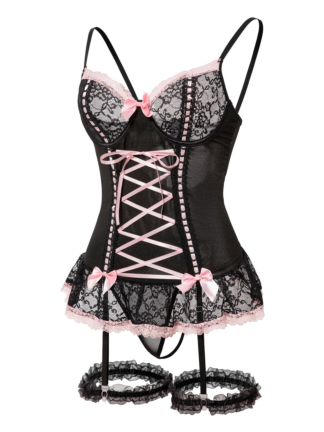 Lace-Up Corset Lingerie Set with Garter Straps