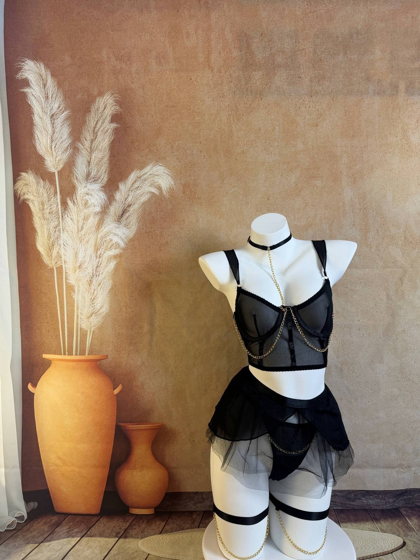 Seductive Sheer Mesh Lingerie Set with Gloves And Garter Straps