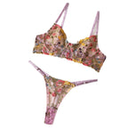 Sexy Embroidered Floral Colorblock Underwire Bra and Thong Lingerie Set