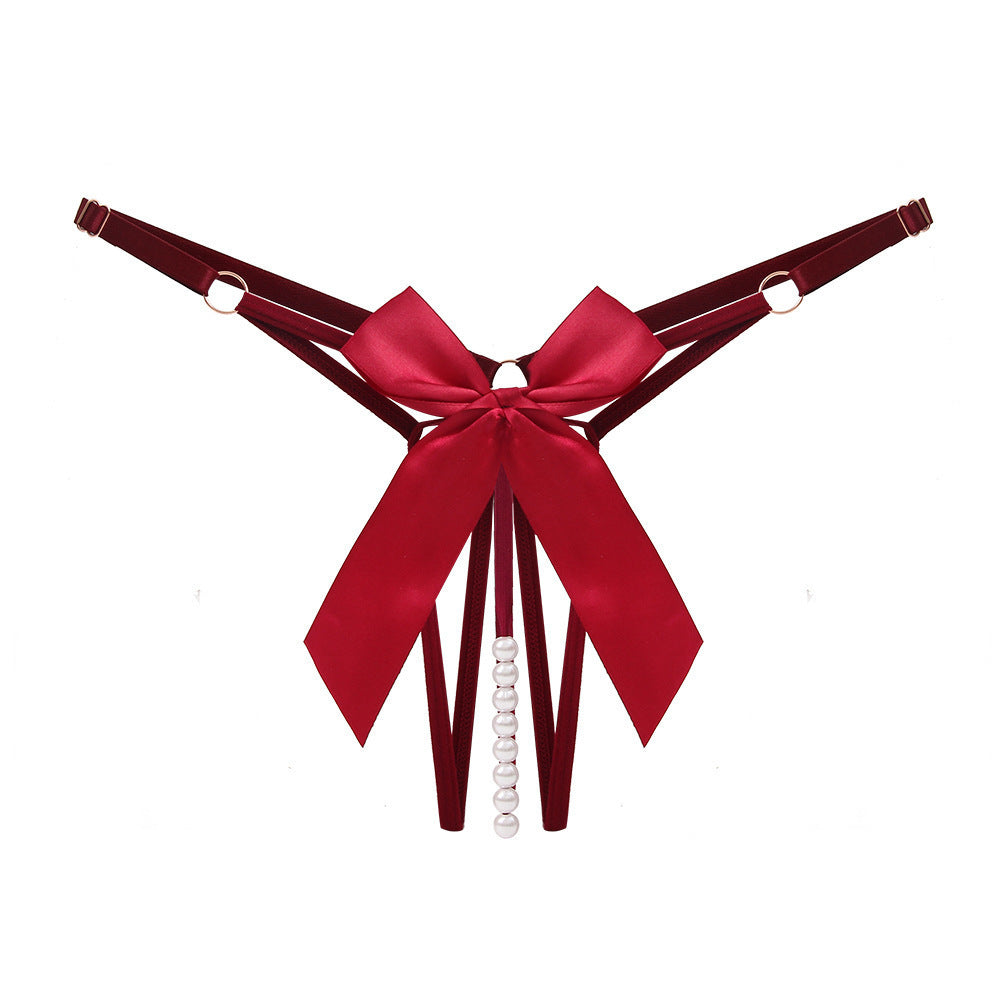 Pearl Beaded Strappy Thong Lingerie with Satin Bow Detail
