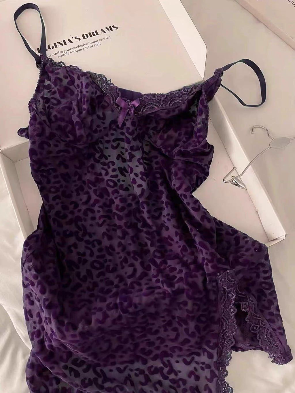 Leopard Print Lace Trim Bow Side Slit Hollow Back Babydoll