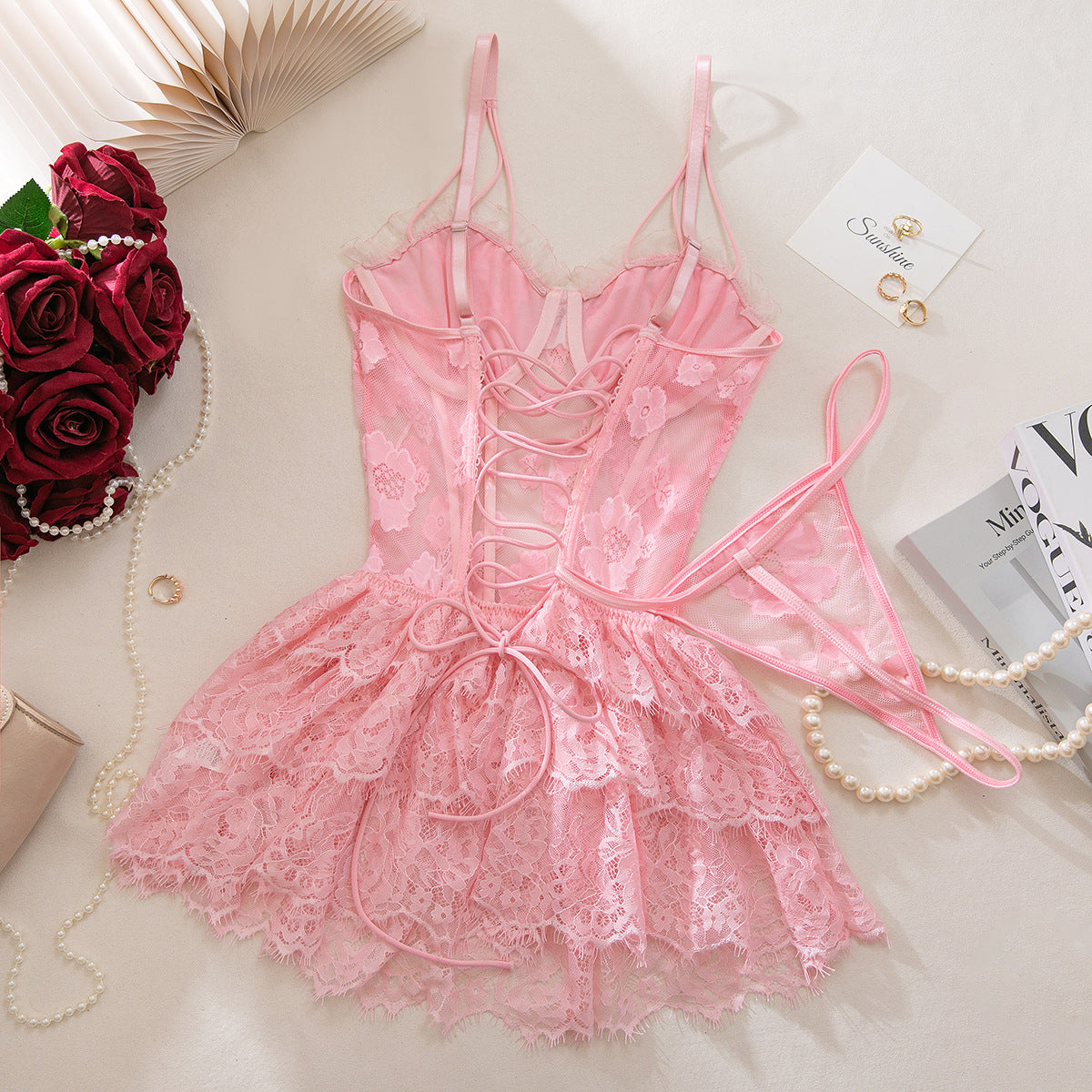 Floral Lace Sweetheart Neck Corset Babydoll