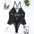 Mesh Criss‑Cross Ruffled Bodysuit