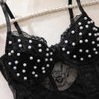 Pearl‑Embellished Floral Lace Open‑Back Teddy Bodysuit
