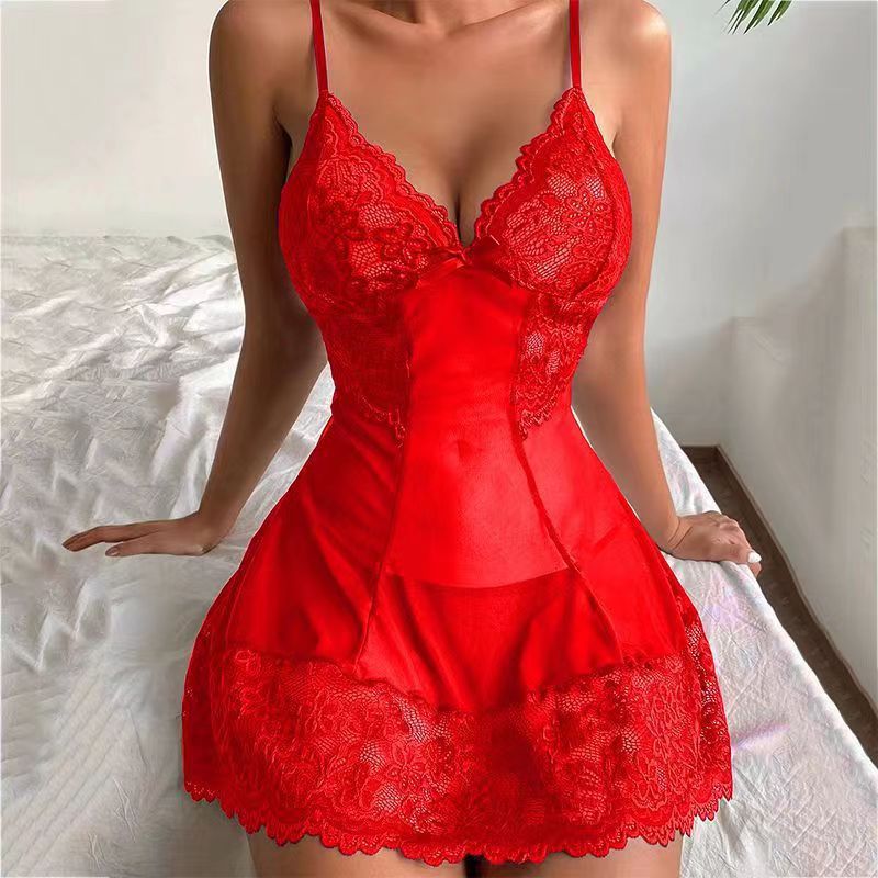 Floral Lace Babydoll Chemise with Sheer Mesh Panel & Scalloped Hem