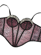 Leopard Print Mesh Corset Bustier with Rhinestone Trim