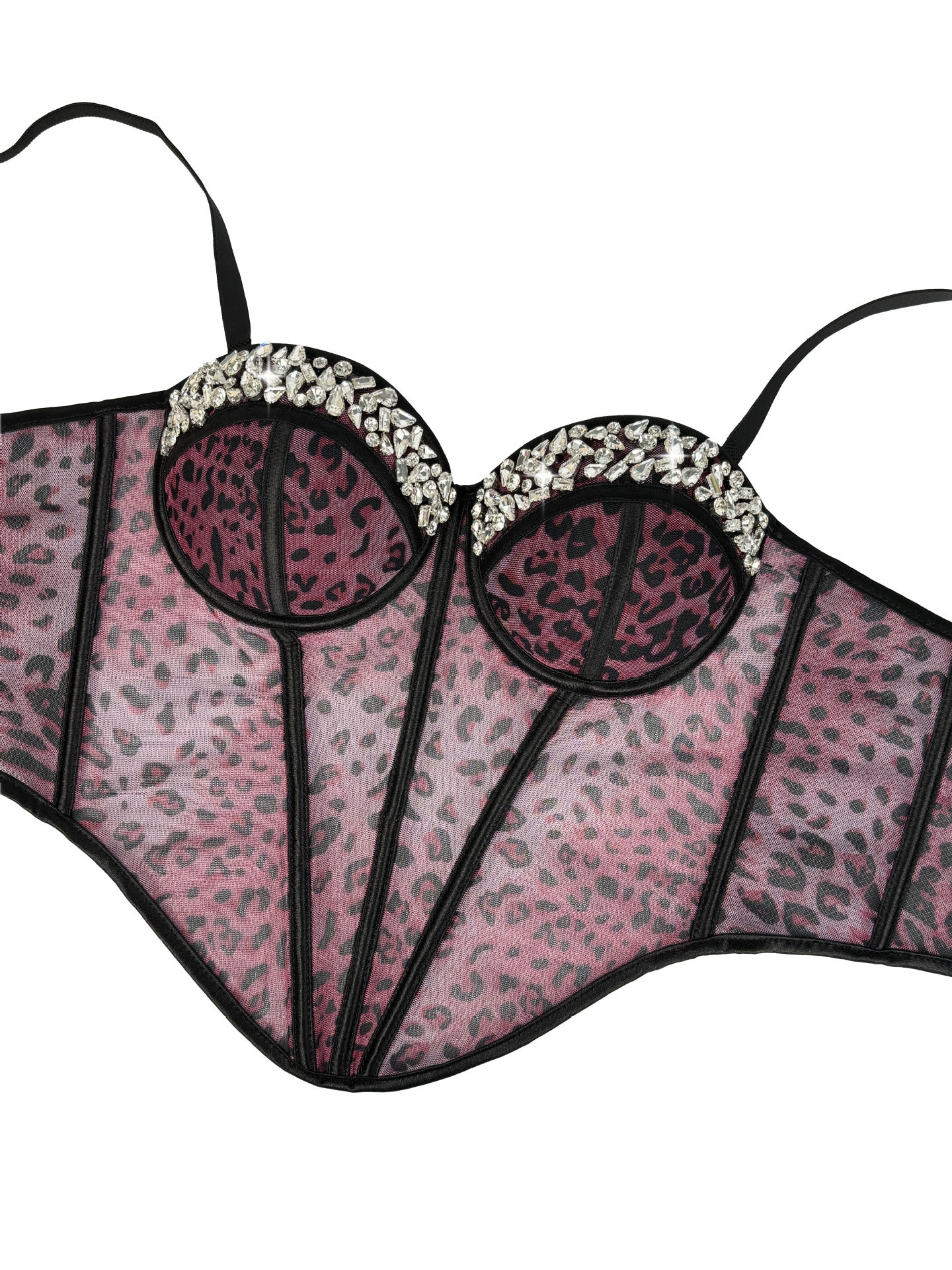 Leopard Print Mesh Corset Bustier with Rhinestone Trim