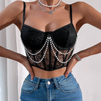 Lace Corset Crop Top with Pearl Chain Detail