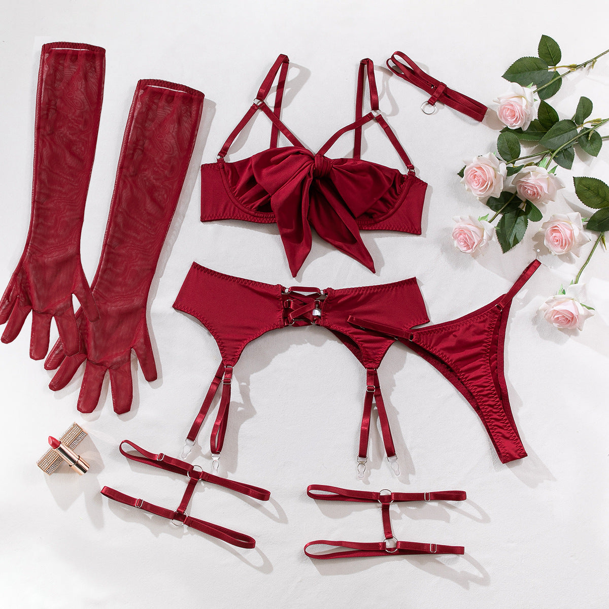 Bow Strappy Lingerie Set with Garter Belts