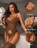 Floral Lace Corset Lingerie Set with Garter Straps And Cutout Detail