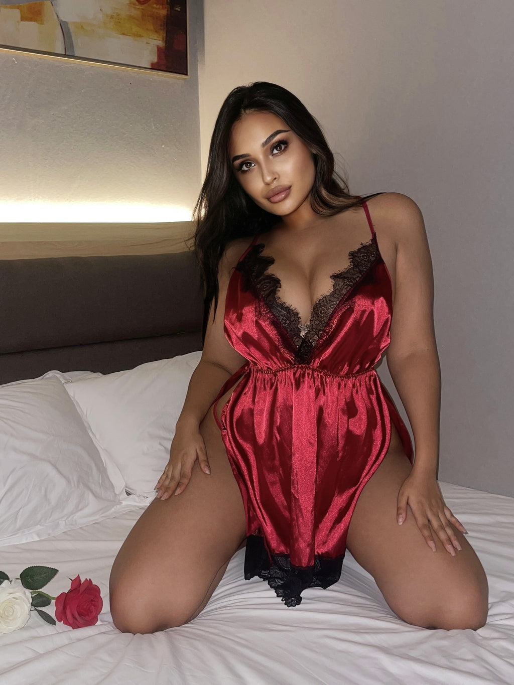 Satin Lace Trim Babydoll with Side Slits