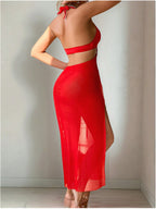 Halter O‑Ring Cut‑Out High‑Slit Mesh Maxi Lingerie Dress