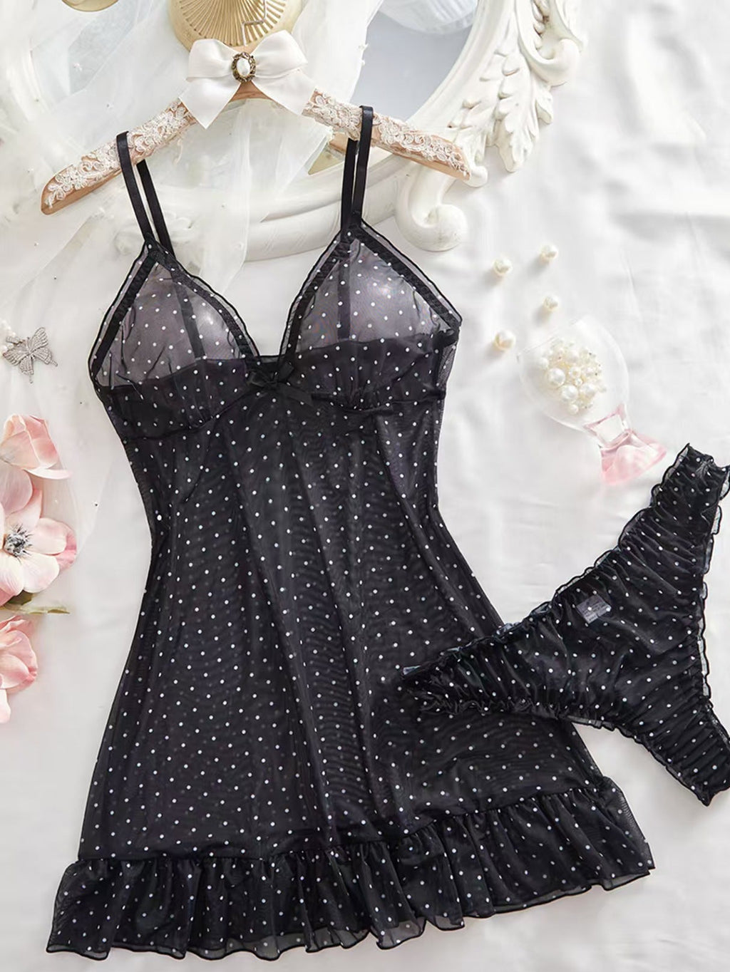 Polka Dot Sheer Mesh Ruffle Babydoll Lingerie Set