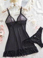 Polka Dot Sheer Mesh Ruffle Babydoll Lingerie Set