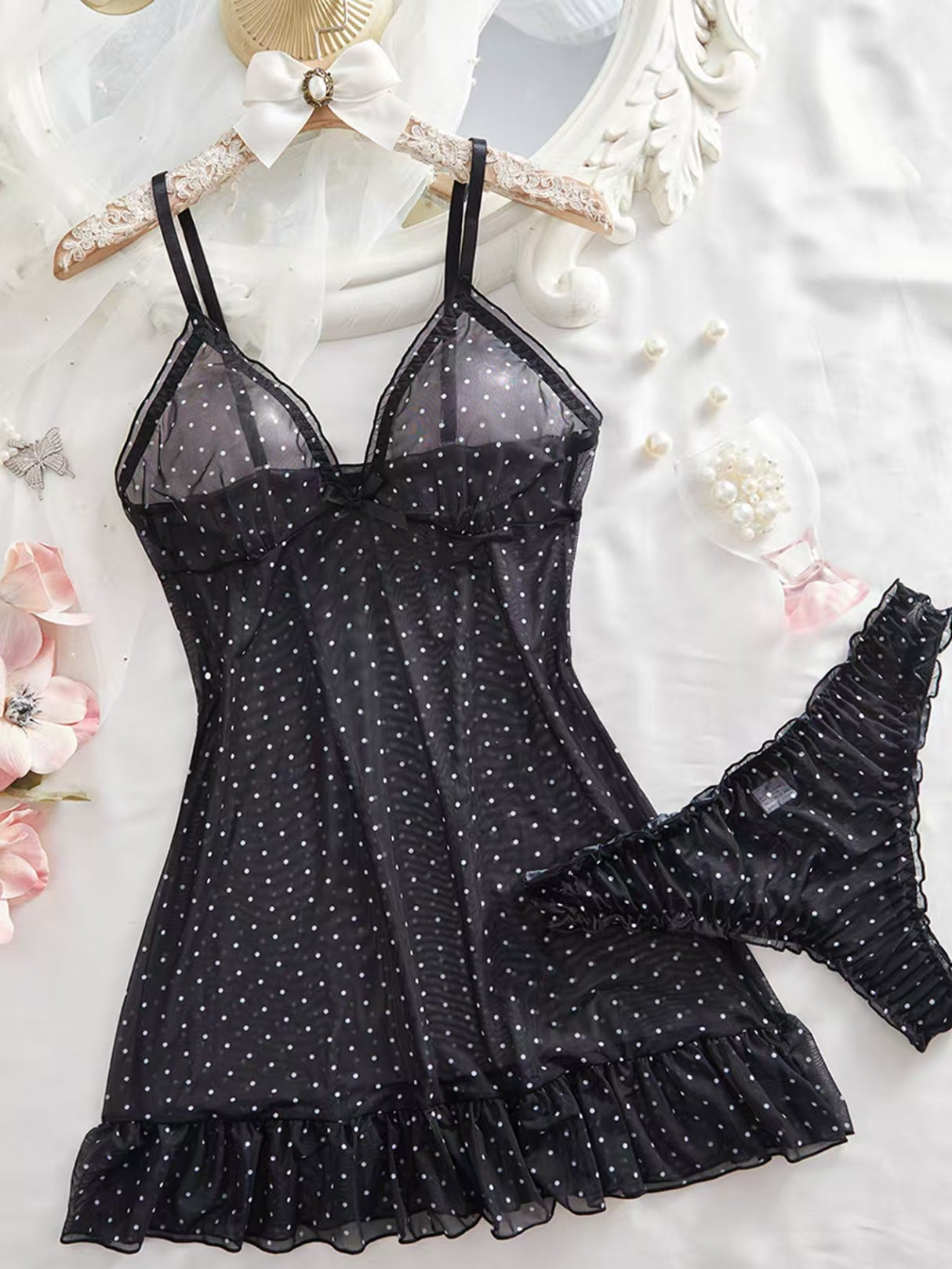 Polka Dot Sheer Mesh Ruffle Babydoll Lingerie Set