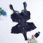 Vintage Lace Ruffled Open Back Bodycon One-Piece Suit