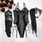 Patent Faux‑Leather Lace‑Up Mesh‑Sleeve Teddy Bodysuit