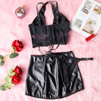 Leather Crisscross Halter Mesh Split Two-Piece Erotic Set